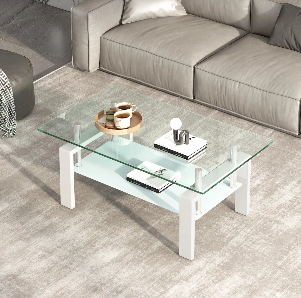 Tavolino da caffè bianco in vetro temperato 100x60x44 cm per soggiorno