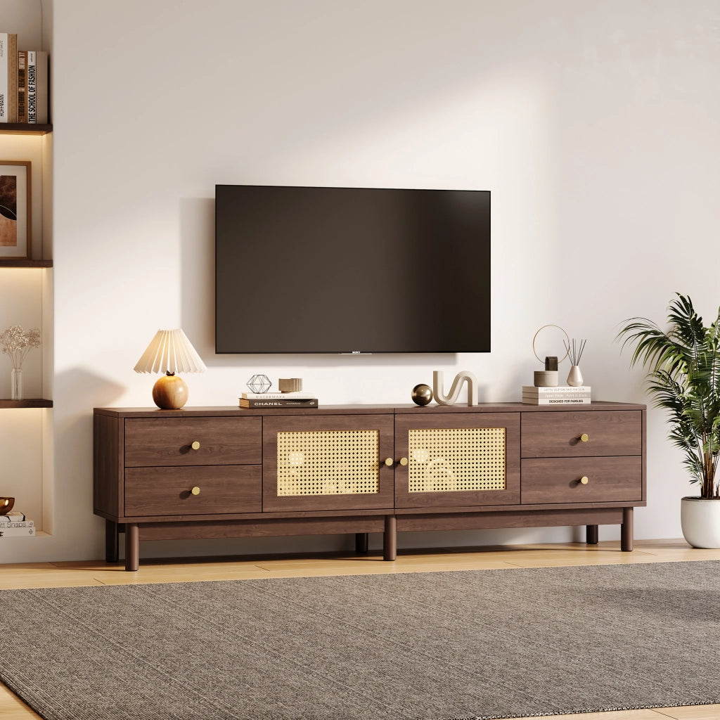 Mobile porta TV largo 180 cm marrone con ante in rattan