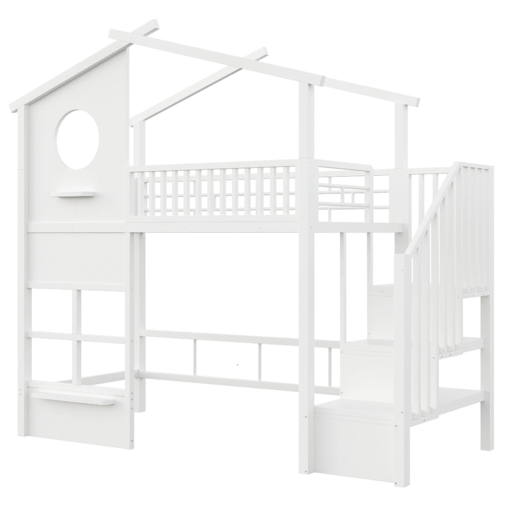 Letto a soppalco 90x200 cm a forma di casa con LED e scala contenitore bianco