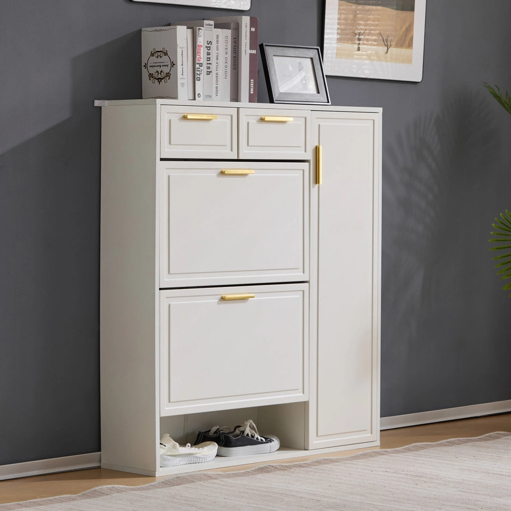 Scarpiera con ripiani regolabili due cassetti e vani aperti in truciolare bianco 95 × 24 × 107.5 cm