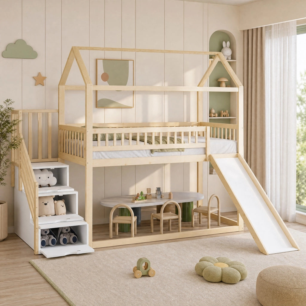 Letto a soppalco per bambini con scivolo e scala contenitore 90 x 200 cm; legno naturale