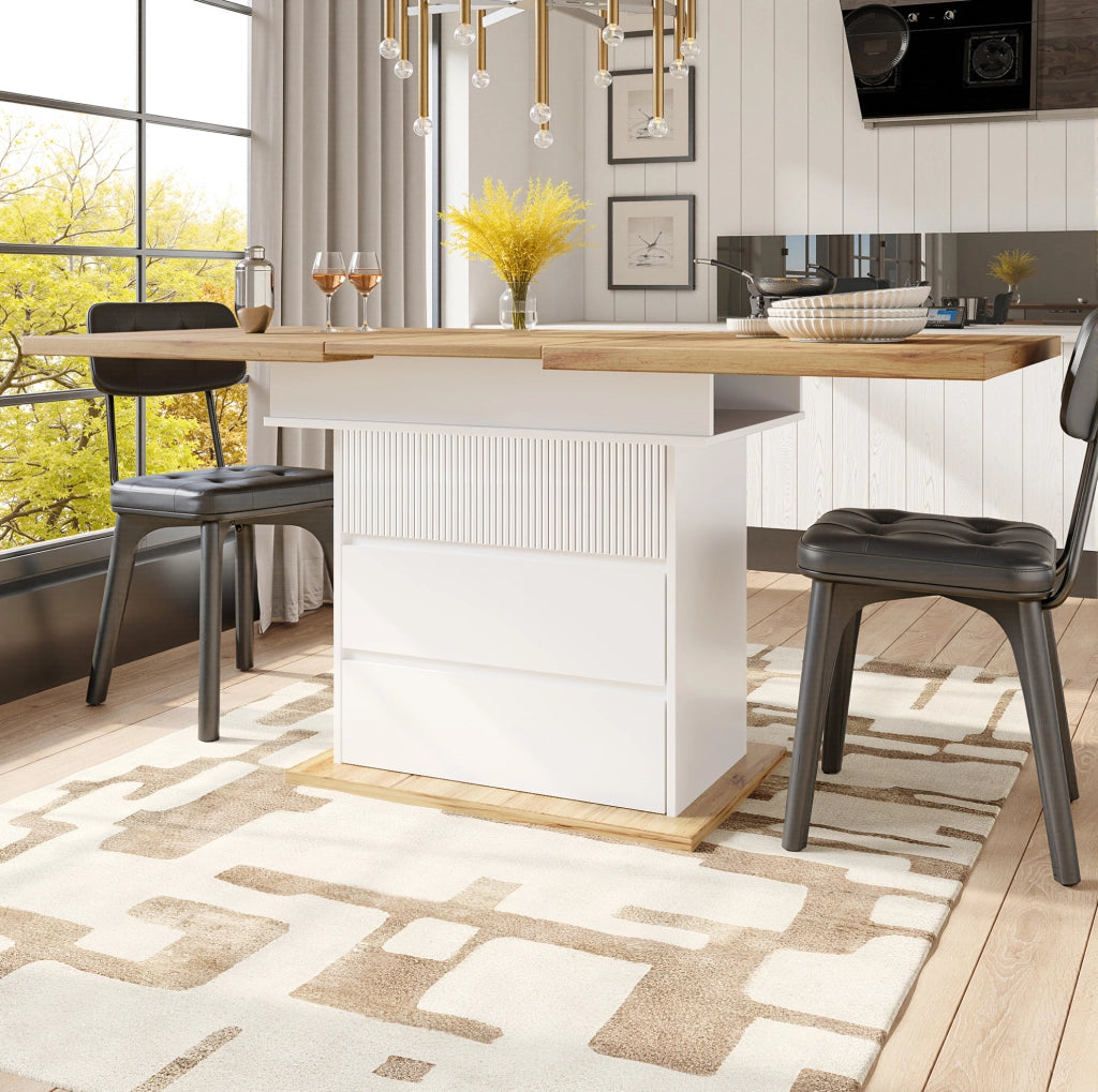 Tavolo da pranzo estensibile 110-140x80 cm in MDF bianco e naturale, 4-6 posti