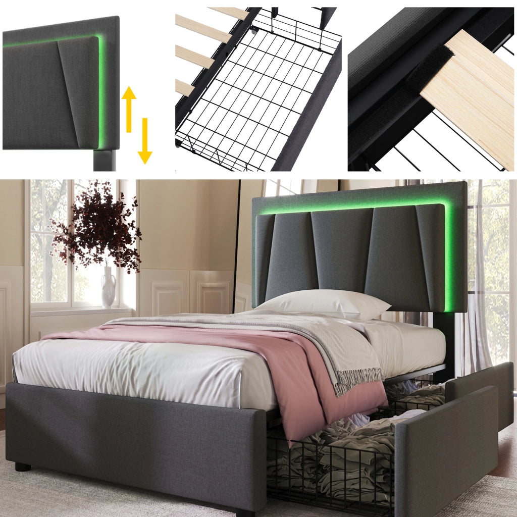 Letto singolo 90 × 200 cm con LED e 2 cassetti testiera regolabile in lino grigio senza materasso