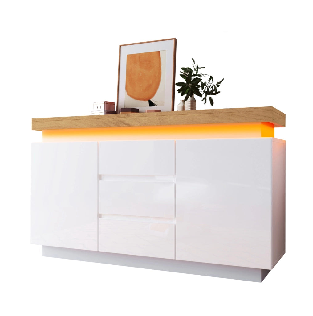 Cassettiera 140 x 39 x 81 cm in truciolare e MDF bianca, 2 ante, 3 cassetti, LED