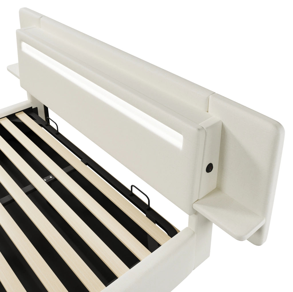 Letto Matrimoniale Imbottito con Contenitore Idraulico Comodino LED e USB 180 x 200 cm Beige - senza Materasso