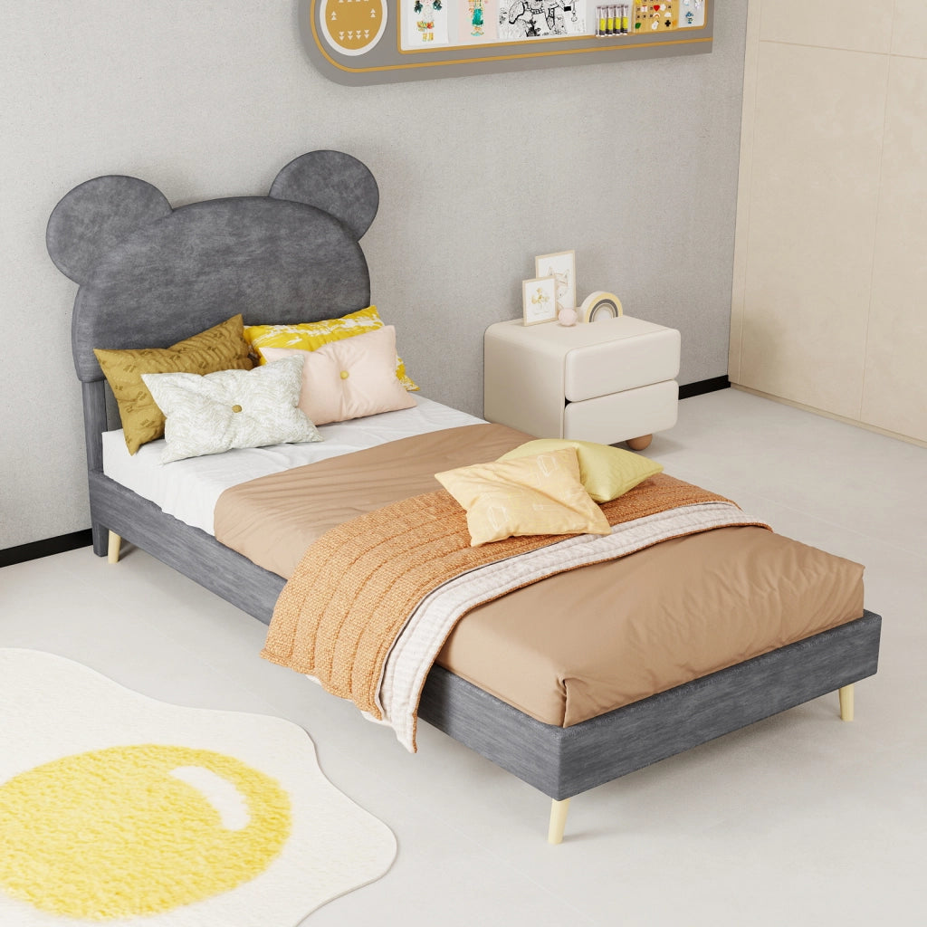 Letto contenitore 90 × 200 cm con testiera imbottita a forma di cartone grigio e vano con pistoni pneumatici