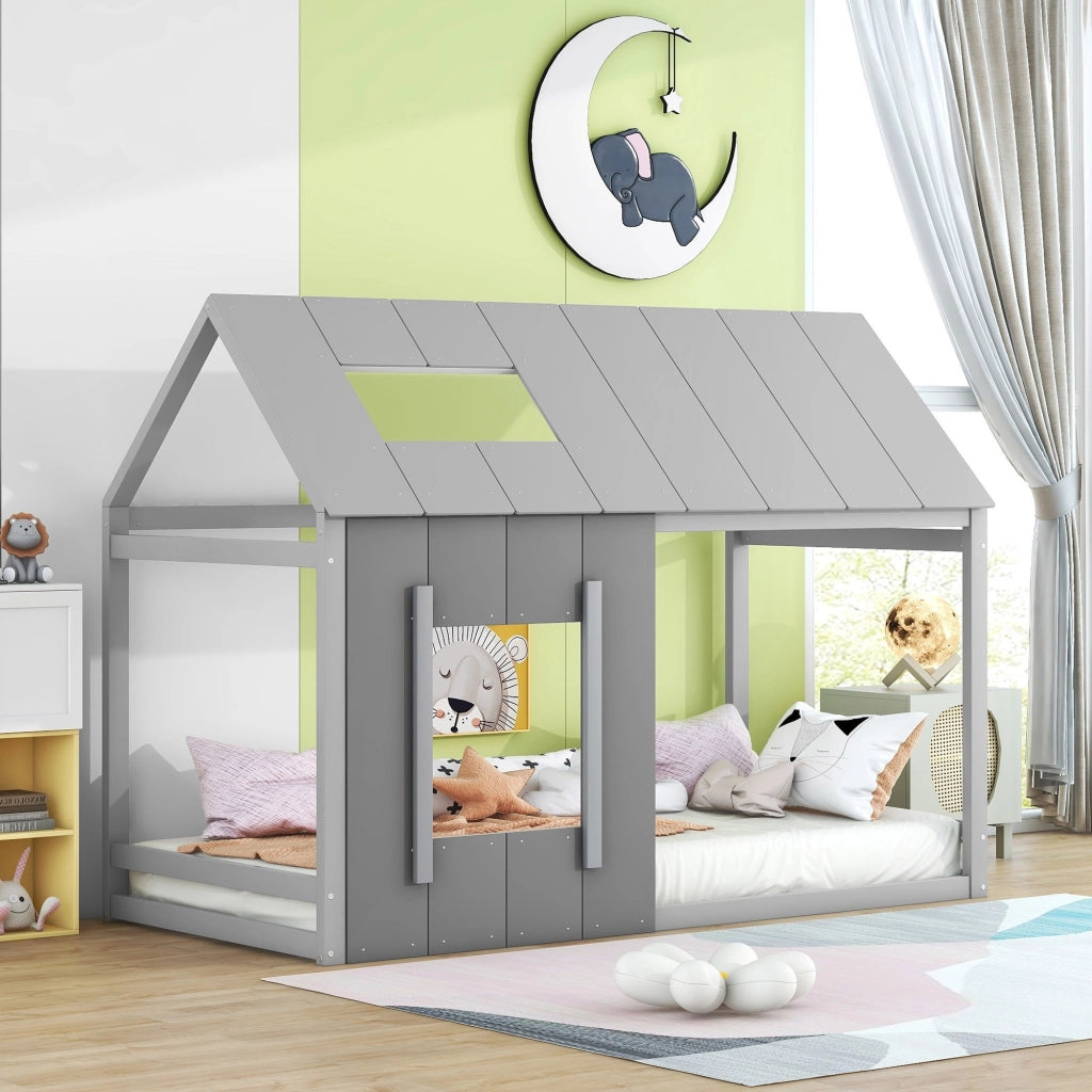 Letto per bambini a forma di casa 90 × 200 cm in pino e MDF grigio con tetto e finestra
