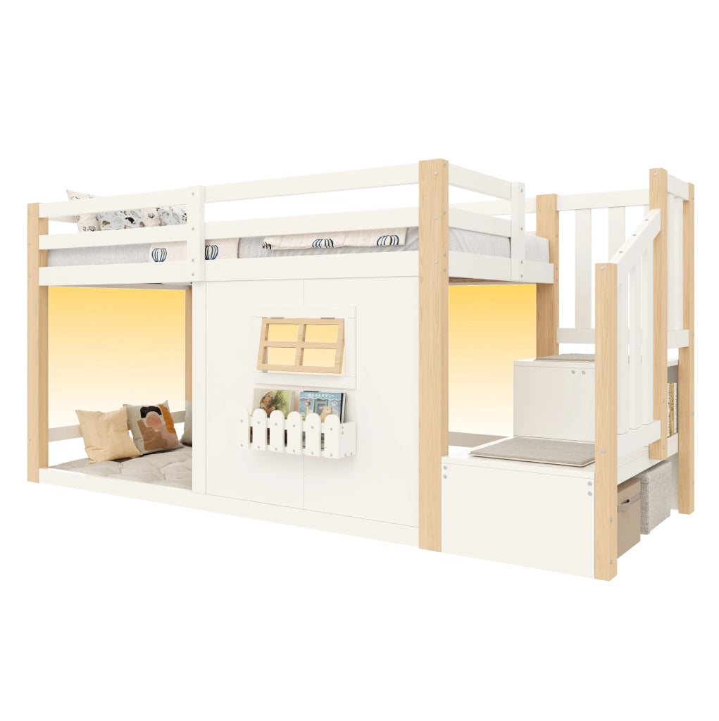 Letto a soppalco 90x200 cm con scala contenitore e LED in pino e MDF bianco e naturale