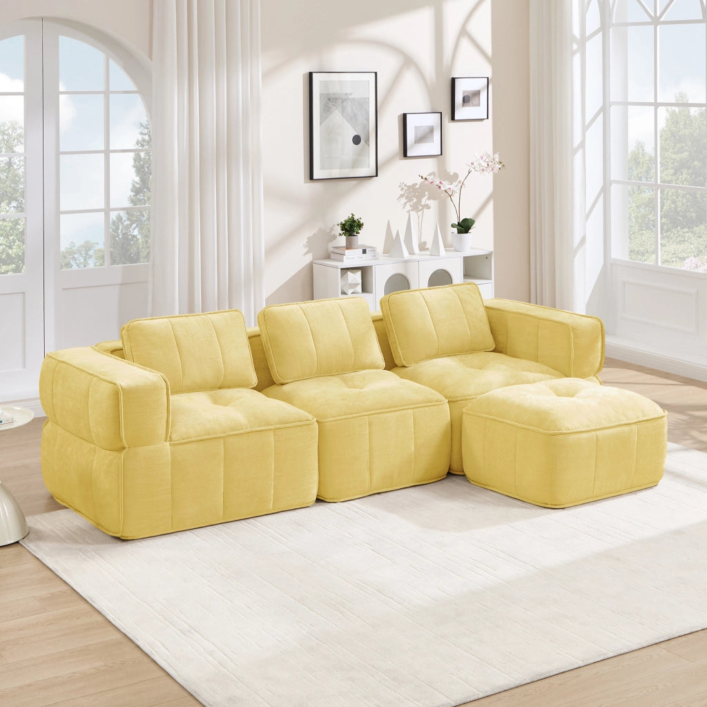 Divano angolare modulare a 3 posti con pouf in poliestere giallo con seduta profonda e base antiscivolo