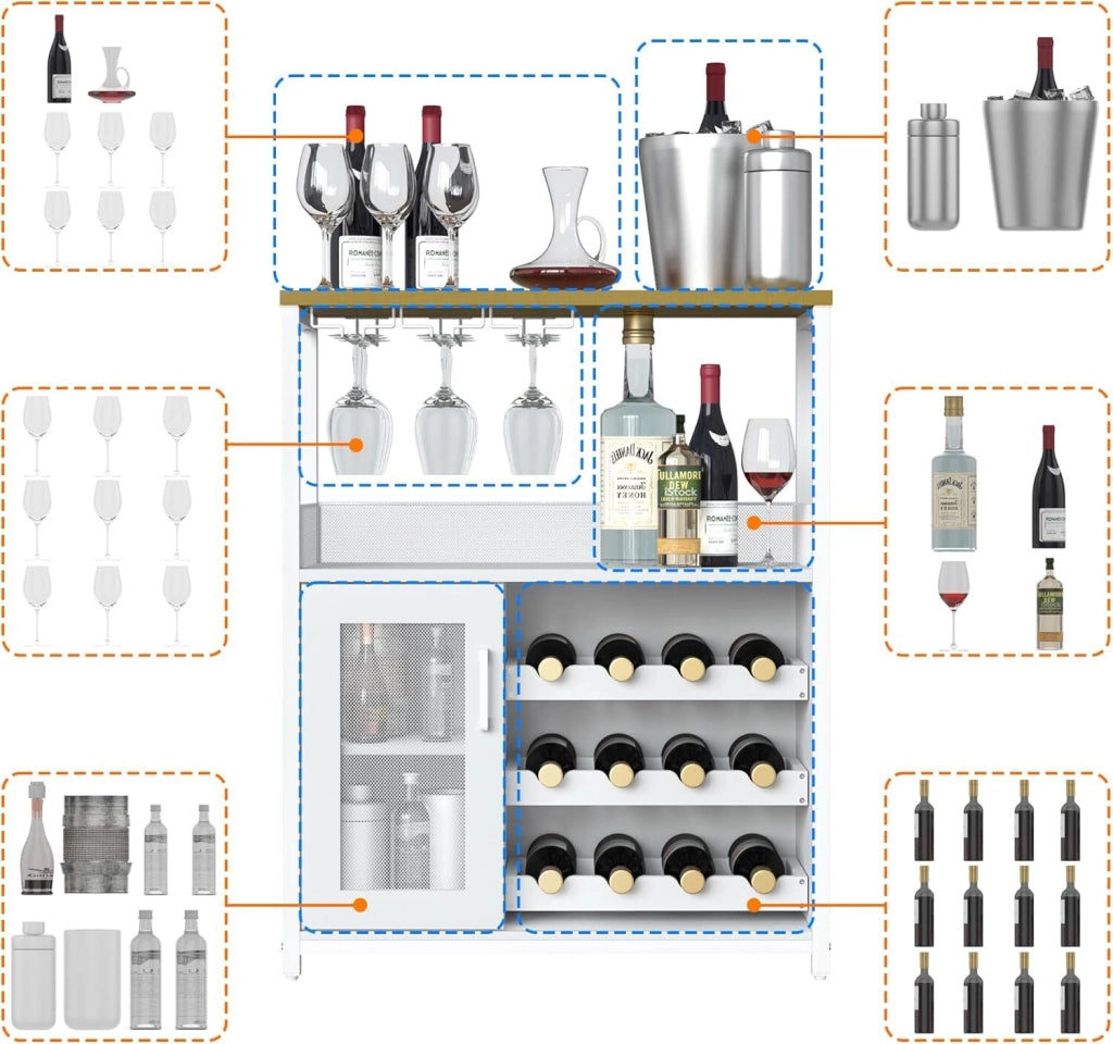 Mobile Bar Cantinetta in Legno con Porta Calici e Portabottiglie Rimovibile Bianco 72x35x90cm