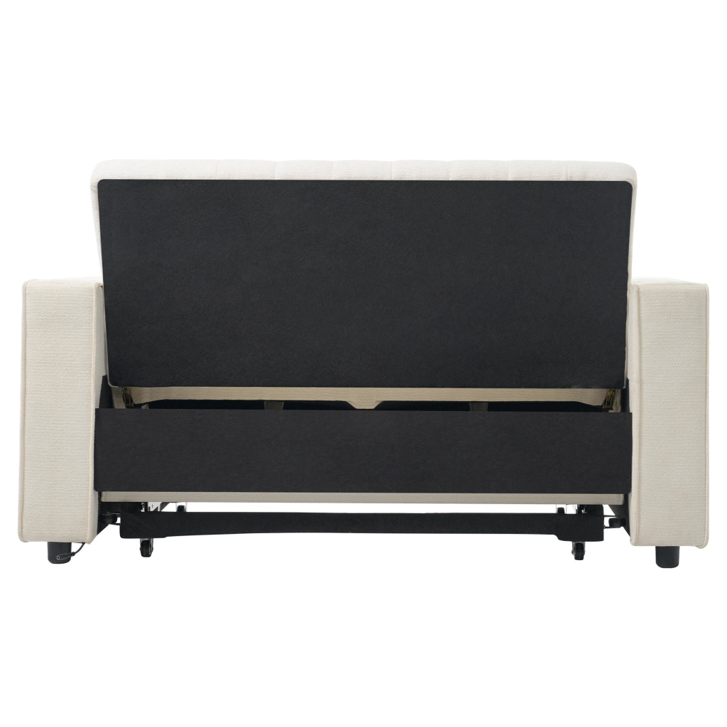 Divano letto 2 posti in ciniglia beige con schienale regolabile, USB, portabevande e 2 cuscini