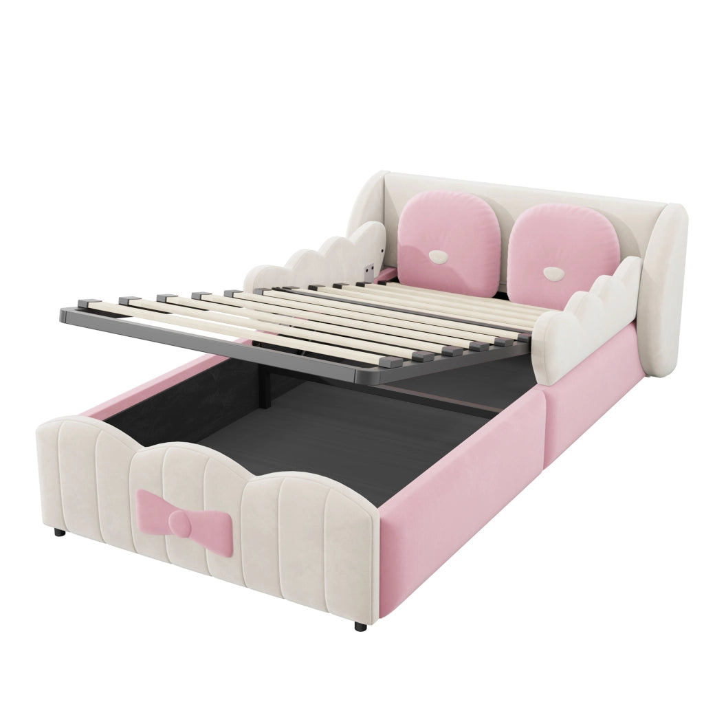 Letto per bambini 90 x 200 cm in velluto con contenitore idraulico; design ad ali; beige e rosa