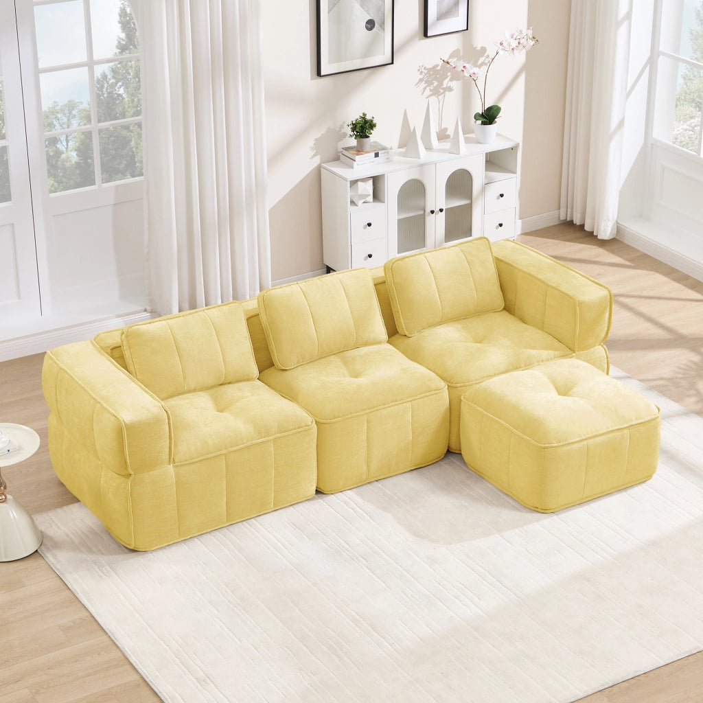 Divano angolare modulare a 3 posti con pouf in poliestere giallo con seduta profonda e base antiscivolo