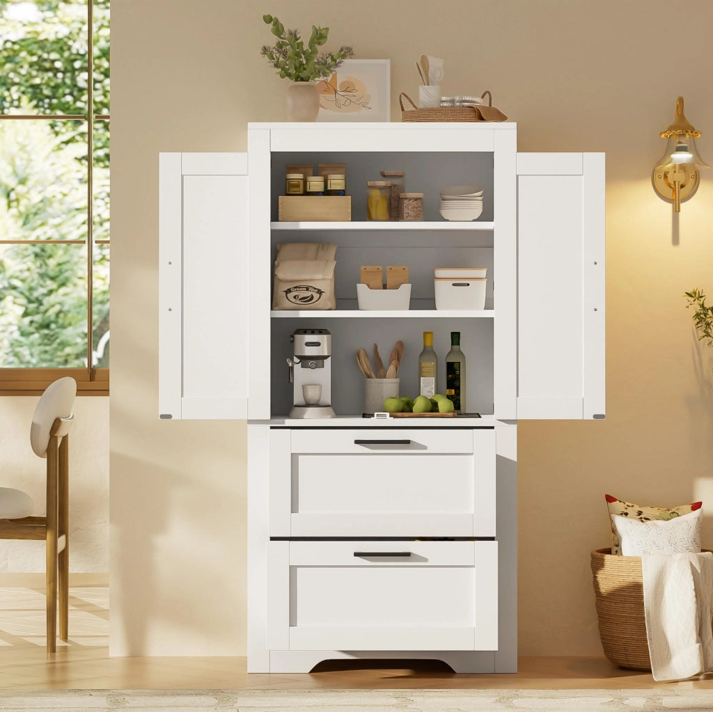 Mobile contenitore alto con ante stile fienile e 2 cassetti ripiani regolabili bianco