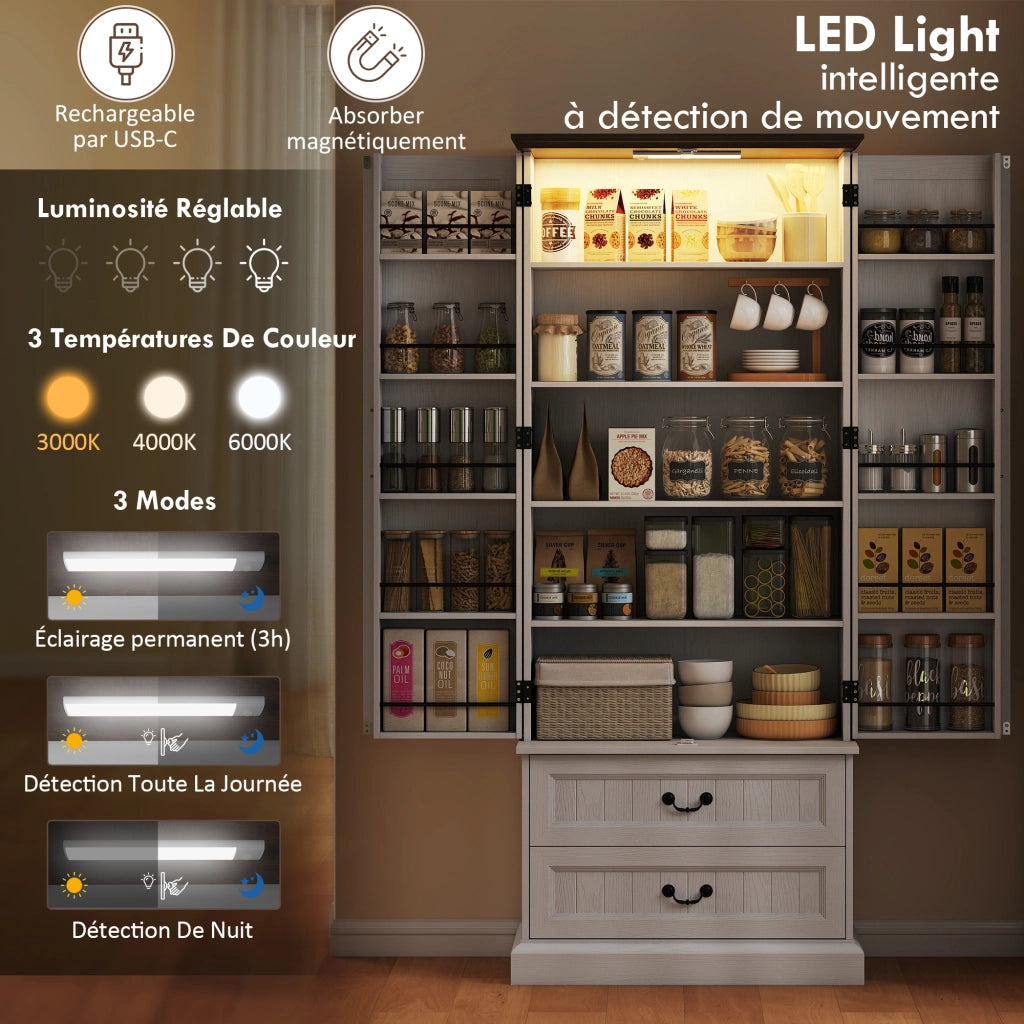 Mobile dispensa da cucina con luce LED a sensore, armadio alto 2 ante e cassetti, ripiani regolabili, 76x39,5x183cm, bianco