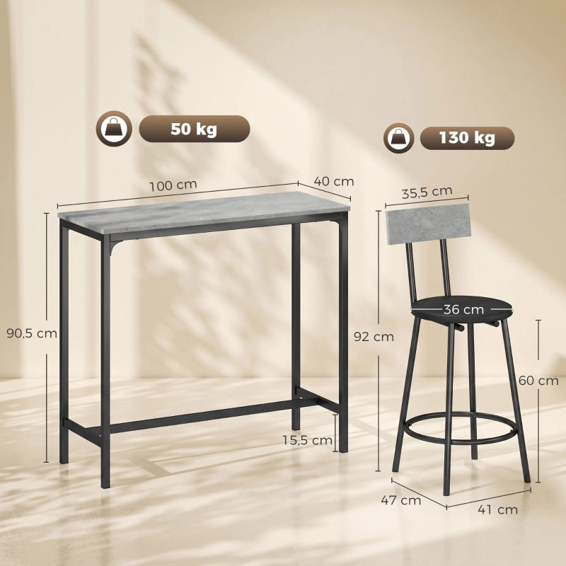 Set tavolo bar con 2 sgabelli 100x40x90.5 cm salvaspazio in MDF grigio