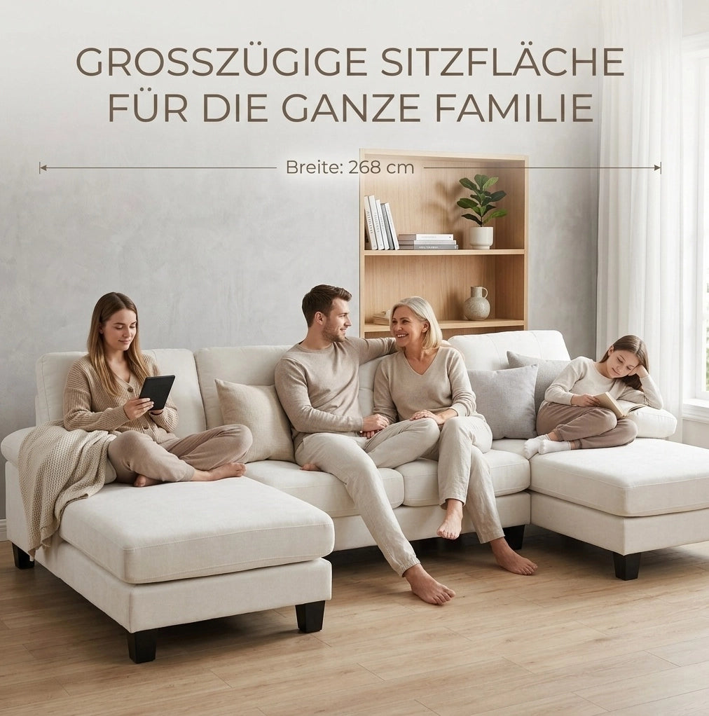 Divano a U per 4 persone in tessuto ciniglia beige con doppia chaise longue e cuscini comodi