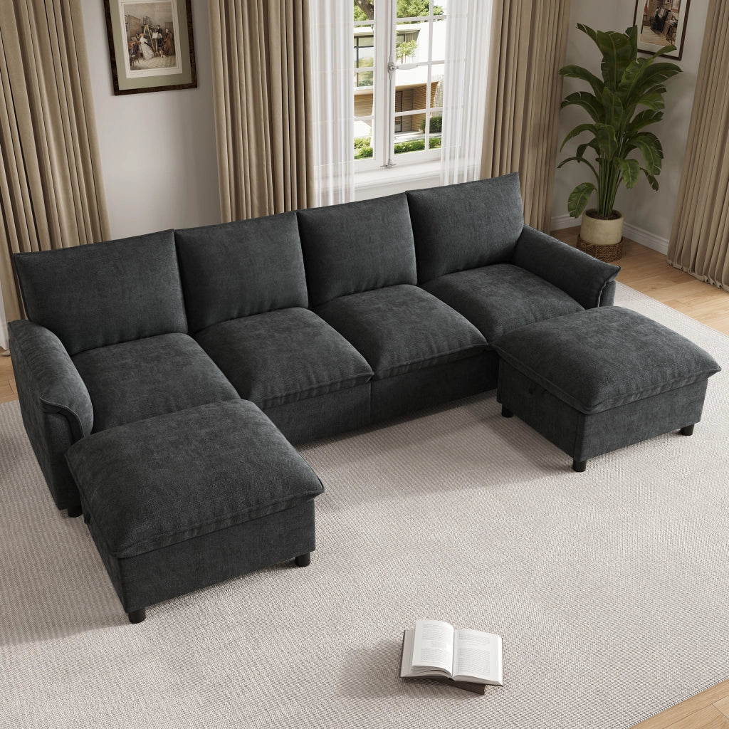 Divano panoramico a U in ciniglia nero con 2 pouf contenitore e schienale alto 264.5 × 142.5 × 84 cm