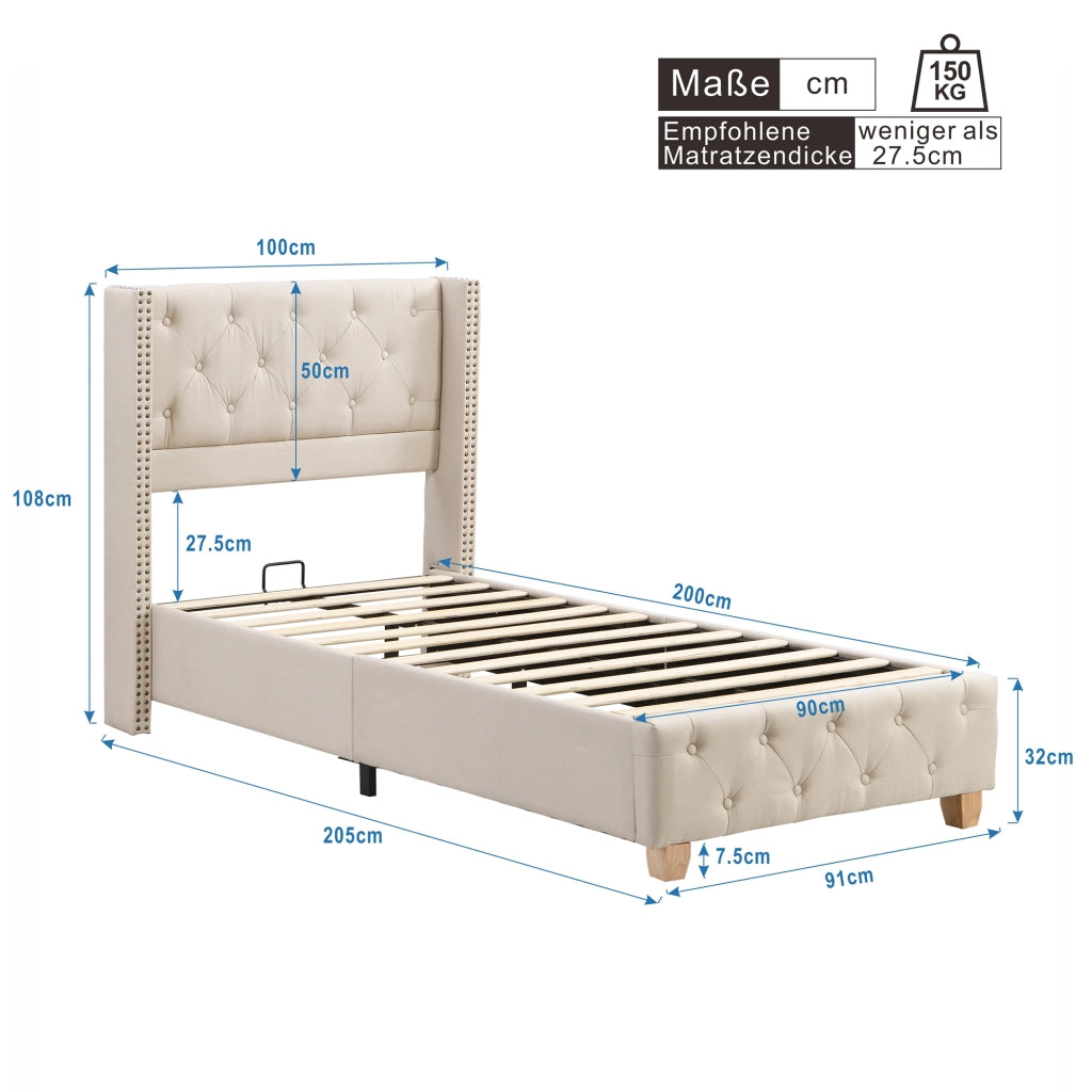 Letto singolo imbottito 90 × 200 cm con rete a doghe testiera in lino beige bottoni rivetti e gambe in legno