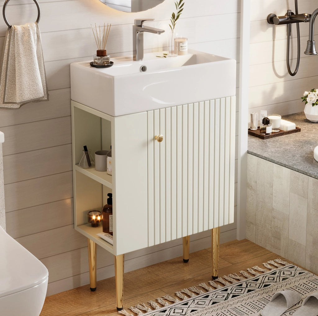 Mobile bagno compatto bianco con lavabo in ceramica lucida da 55 cm