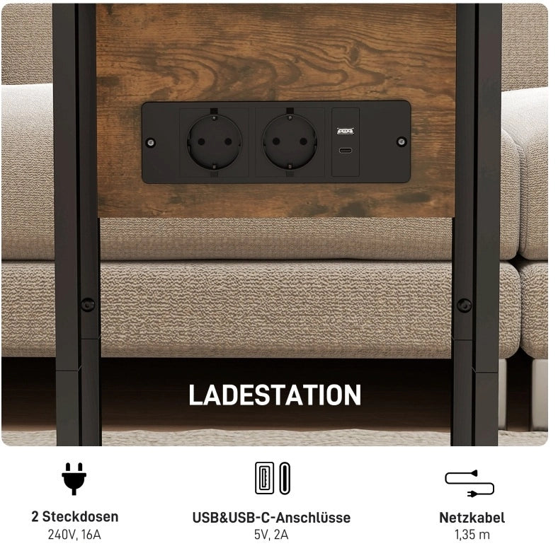 Tavolino pieghevole con stazione di ricarica USB, metallo e pannello marrone 39x29x57 cm