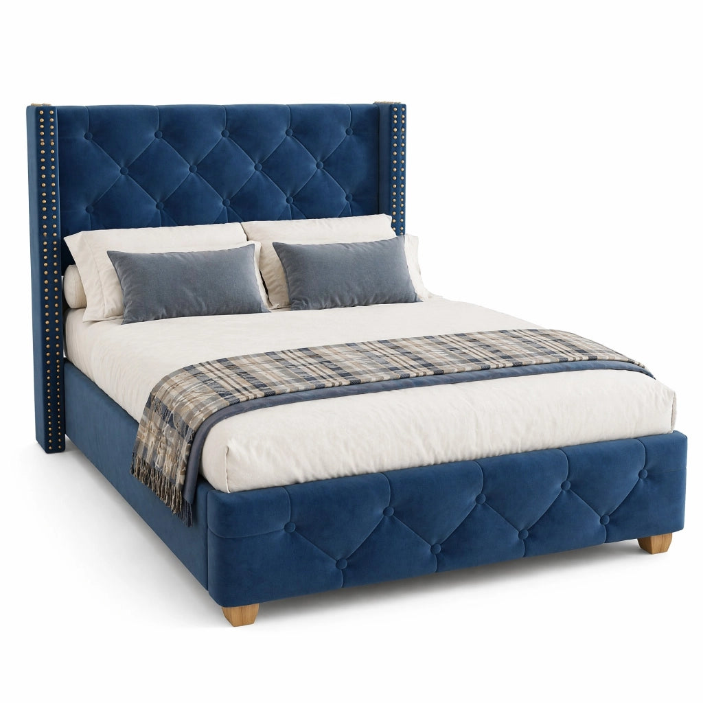 Letto singolo imbottito 90x200 cm in velluto blu con testiera e rete a doghe