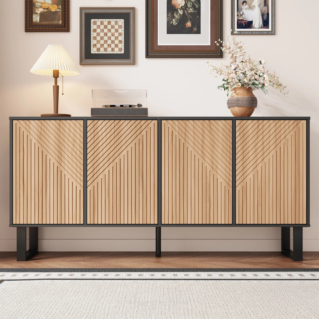 Credenza 160 x 38 x 75 cm, ante con motivo rigato, contenitore TV, MDF nero e legno naturale, per soggiorno