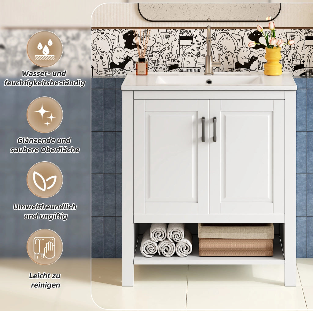Mobile da bagno indipendente 76,5x47x83 cm con lavabo in ceramica integrato e doppia anta, finitura bianca completa