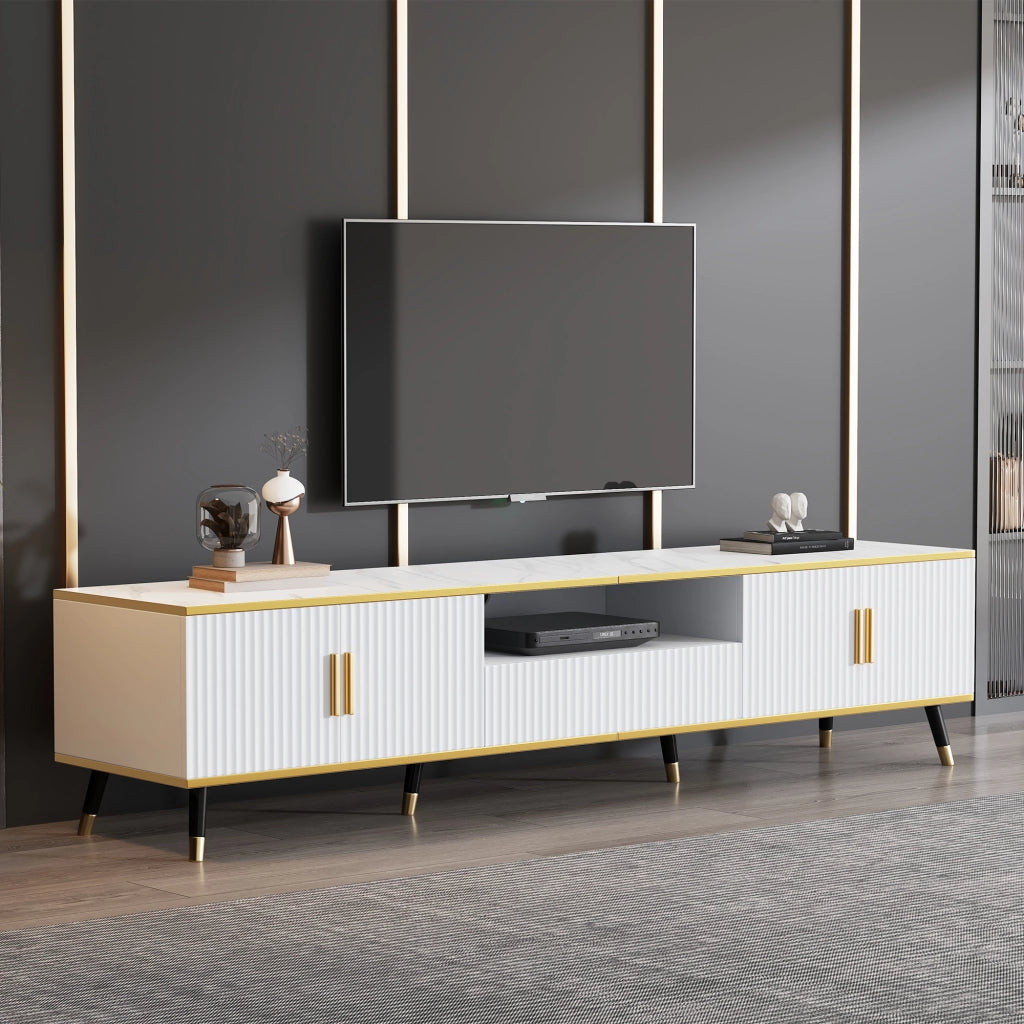 Mobile TV 200 cm Bianco Effetto Marmo per TV Fino a 90 Pollici con Ante e Cassetto