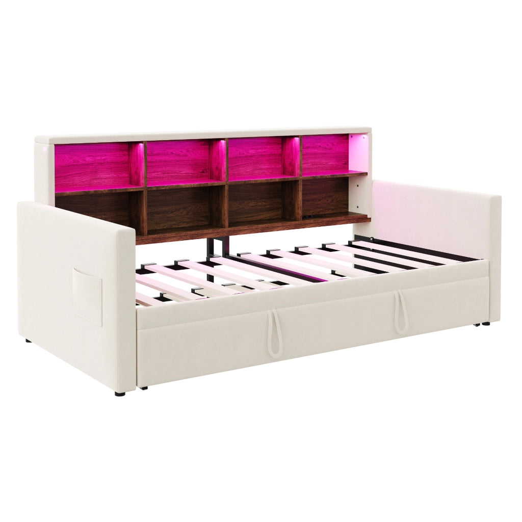 Letto singolo imbottito 90 × 190 cm estraibile in velluto beige con testiera LED prese e vani portaoggetti