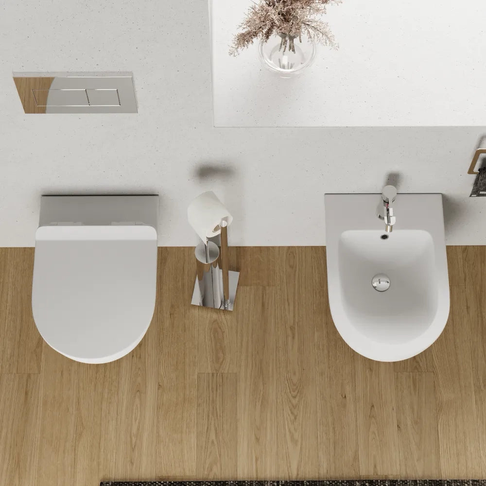 Sanitari sospesi in ceramica bianco opaco vaso tornado silent flush sedile soft-close e bidet | Sydney