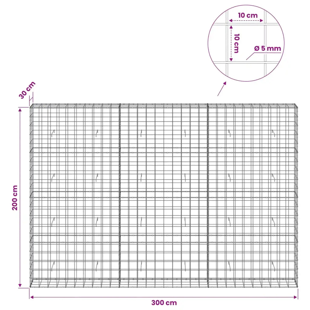 Gabione con filo da 5 mm e rete 10x10 cm 300x30x200 cm 3465168