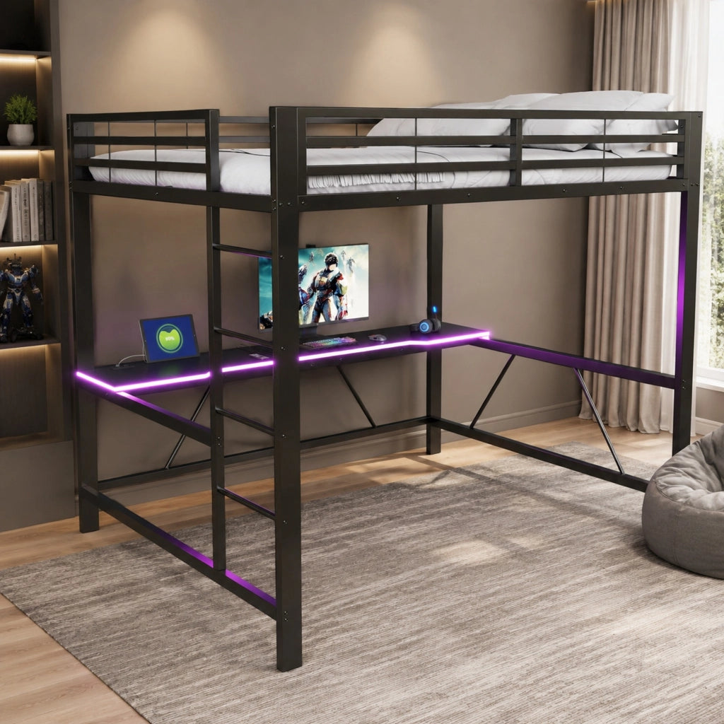 Letto a soppalco 160x200 cm con scrivania e LED in metallo e MDF nero