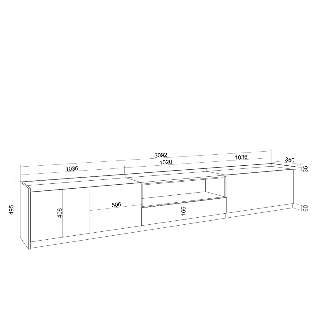 Mobile TV Soggiorno, 310x50x37 cm, Per TV fino a 80", Led, Rovere e nero