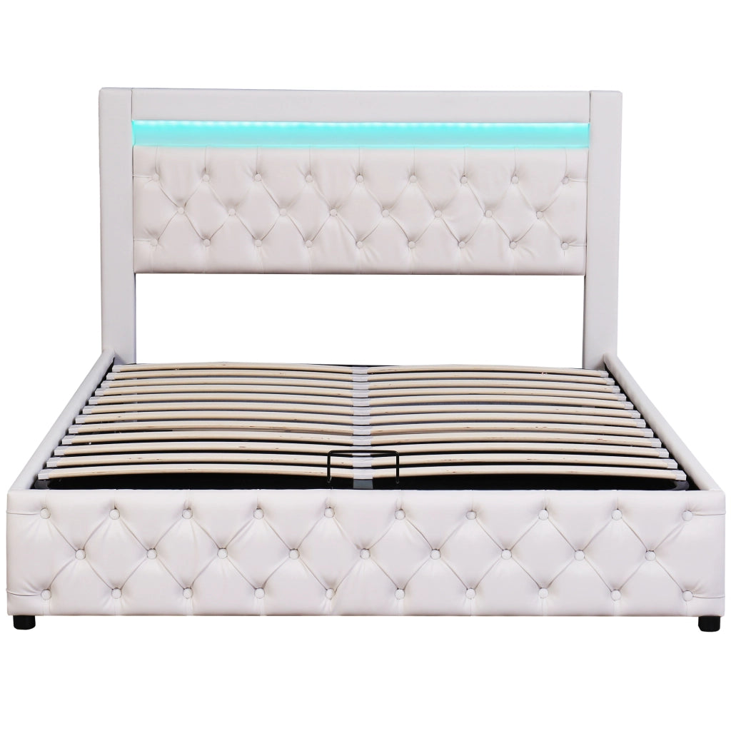 Letto matrimoniale imbottito 140x200 cm con rete a doghe; contenitore e LED; bianco in PU