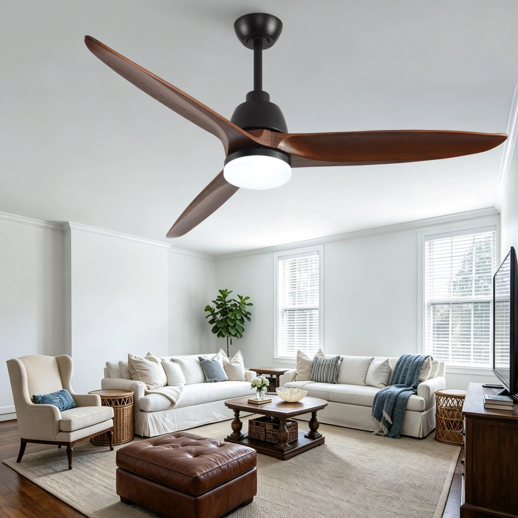 Ventilatore da soffitto 52 pollici con luce LED dimmerabile; telecomando e 3 pale in legno