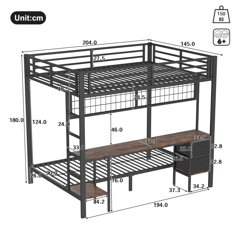 Letto a soppalco 140x200 cm con scrivania, cassetti, ripiani e LED USB, struttura in metallo nero