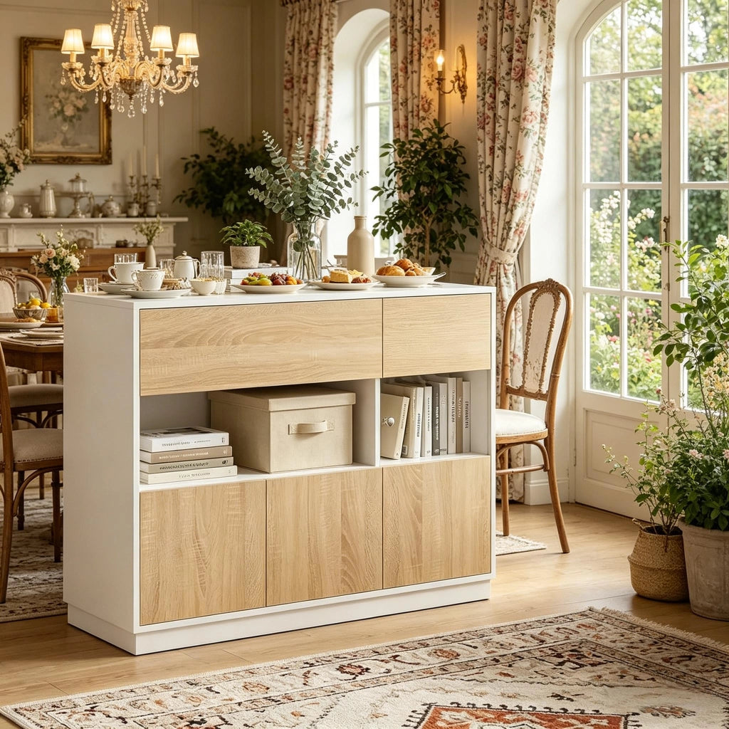 Credenza con vano aperto e anta in vetro acrilico in legno ingegnerizzato bianco e rovere chiaro 100 × 80 × 40 cm