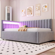 Letto singolo imbottito 90 × 200 cm con LED vano contenitore idraulico velluto grigio rete a doghe
