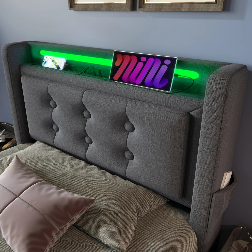 Letto singolo imbottito 90x200 con LED, prese e contenitore sollevabile