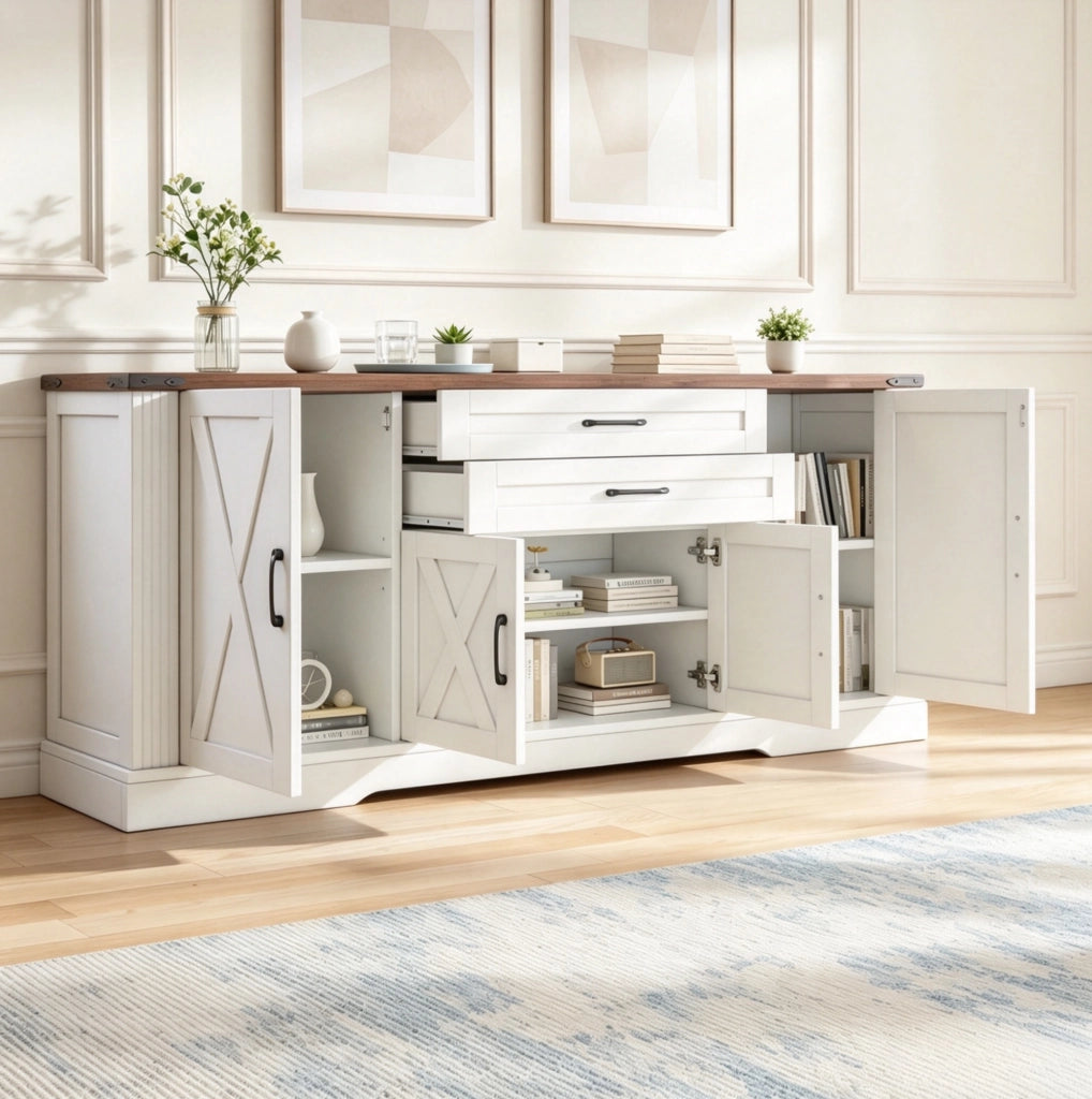 Credenza 160x39x81,5 cm con 4 ante e 2 cassetti in MDF e truciolare bianca