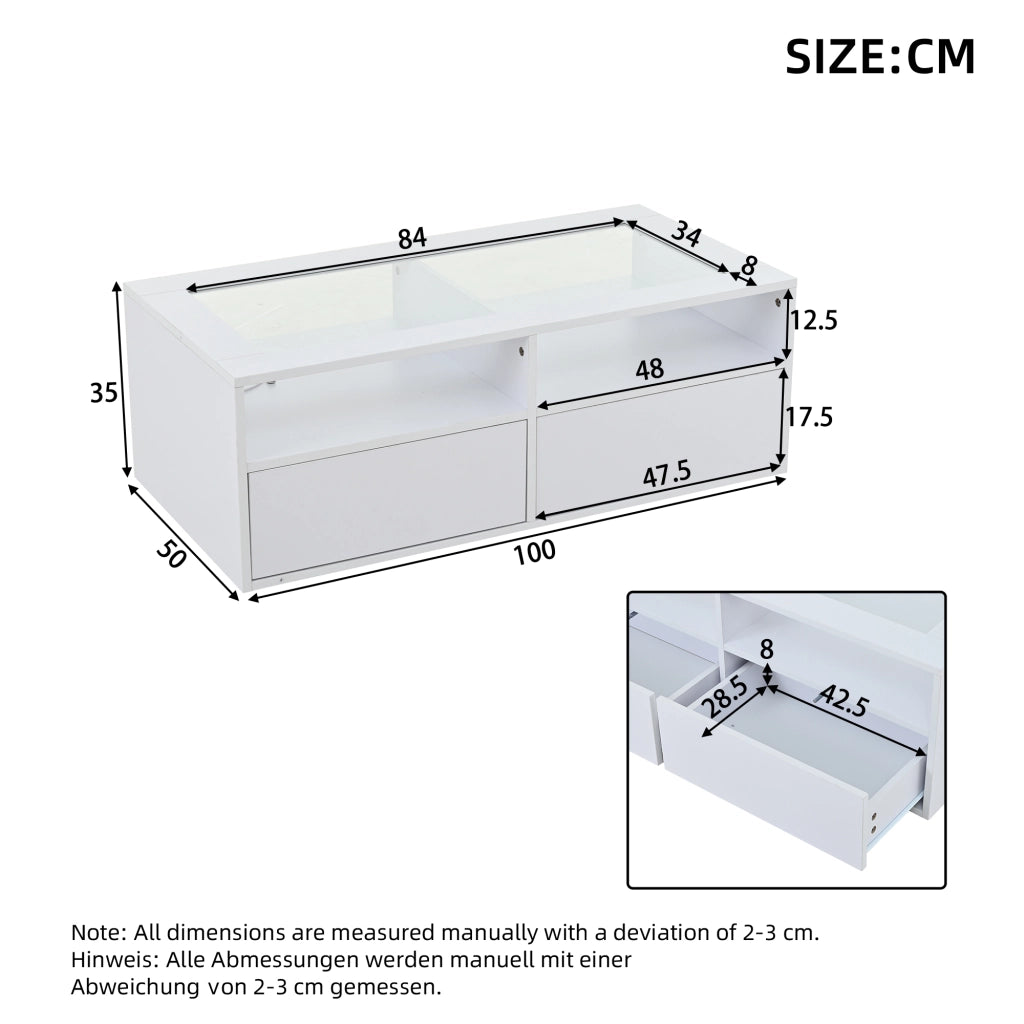 Tavolino da salotto con LED e vetro temperato 100x50x35 cm componibile bianco