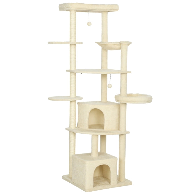 Tiragraffi per Gatti Multi-Livello con Amaca e Cucce; Altezza 200 cm; Beige