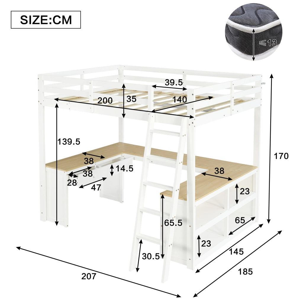 Letto a soppalco per bambini con scrivania a U; pino e MDF; bianco e naturale; letto 140x200 cm