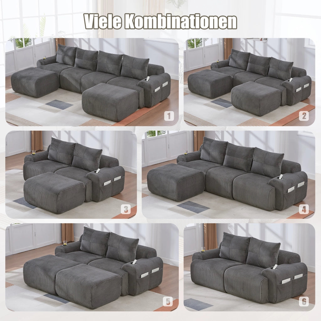 Divano 2 posti modulare con portabevande e tasca laterale; 200x99x80 cm; velluto a coste grigio scuro