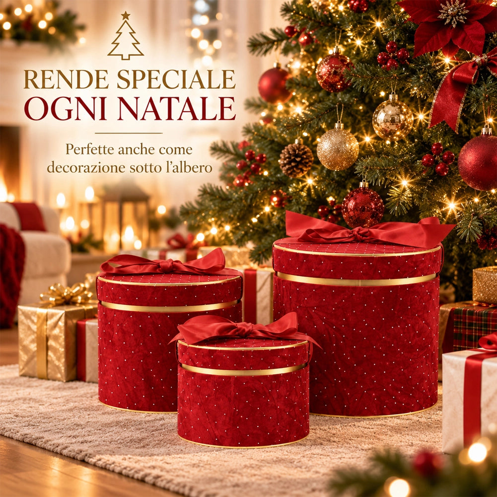 Set 3 Scatole Tonde Decorazione Natalizia Bordeaux 16/20/25cm Scatola con Fiocco
