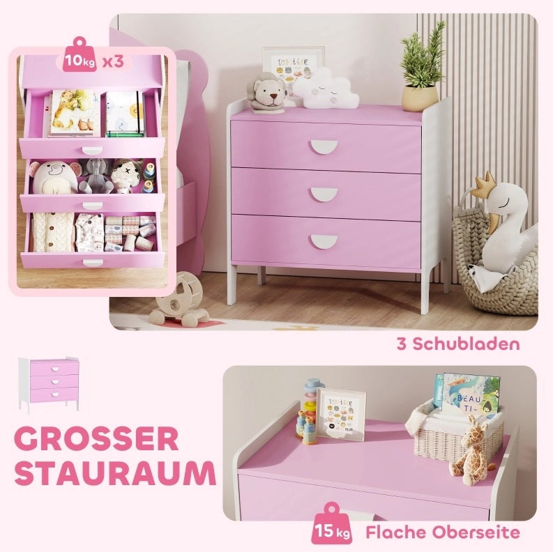 Cassettiera per bambini rosa e bianca con 3 cassetti