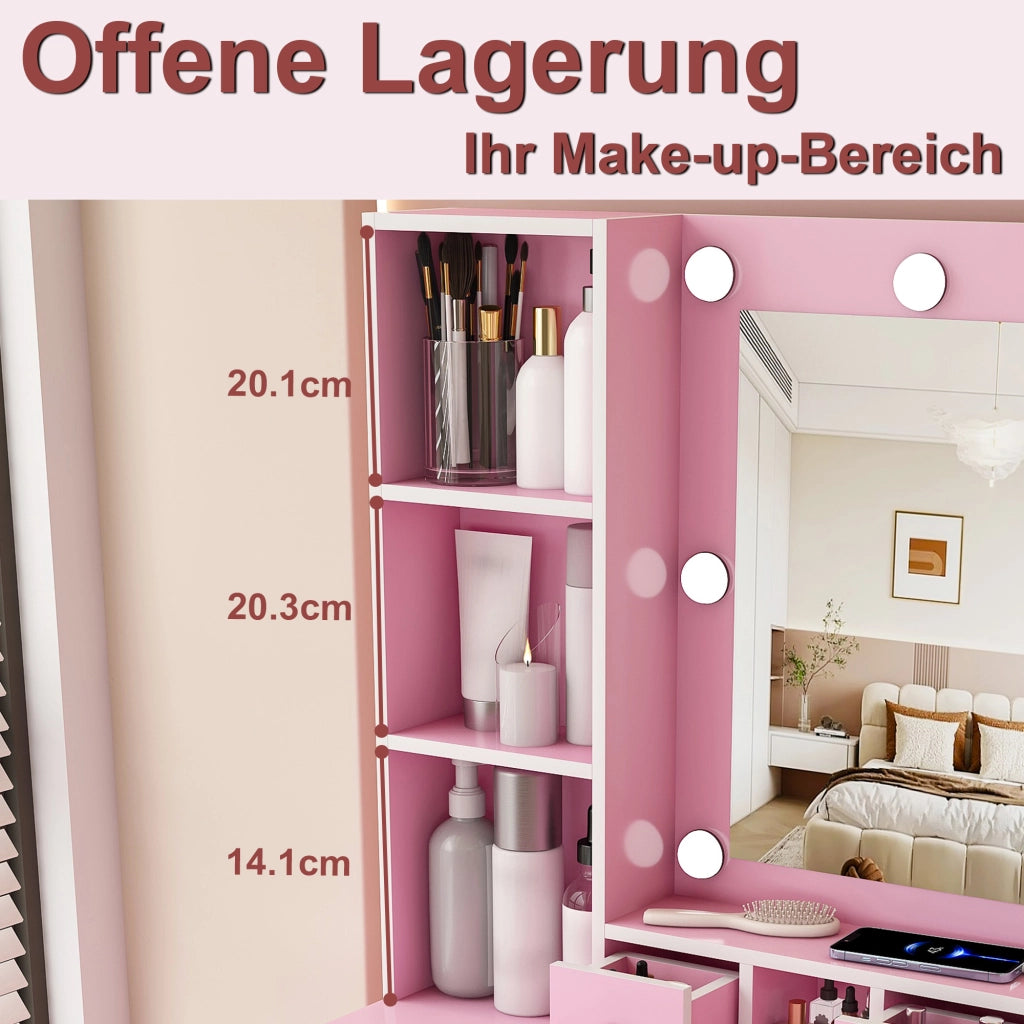 Toeletta rosa con specchio LED a 3 tonalità; presa integrata; supporto asciugacapelli; cassetti e sgabello imbottito in MDF