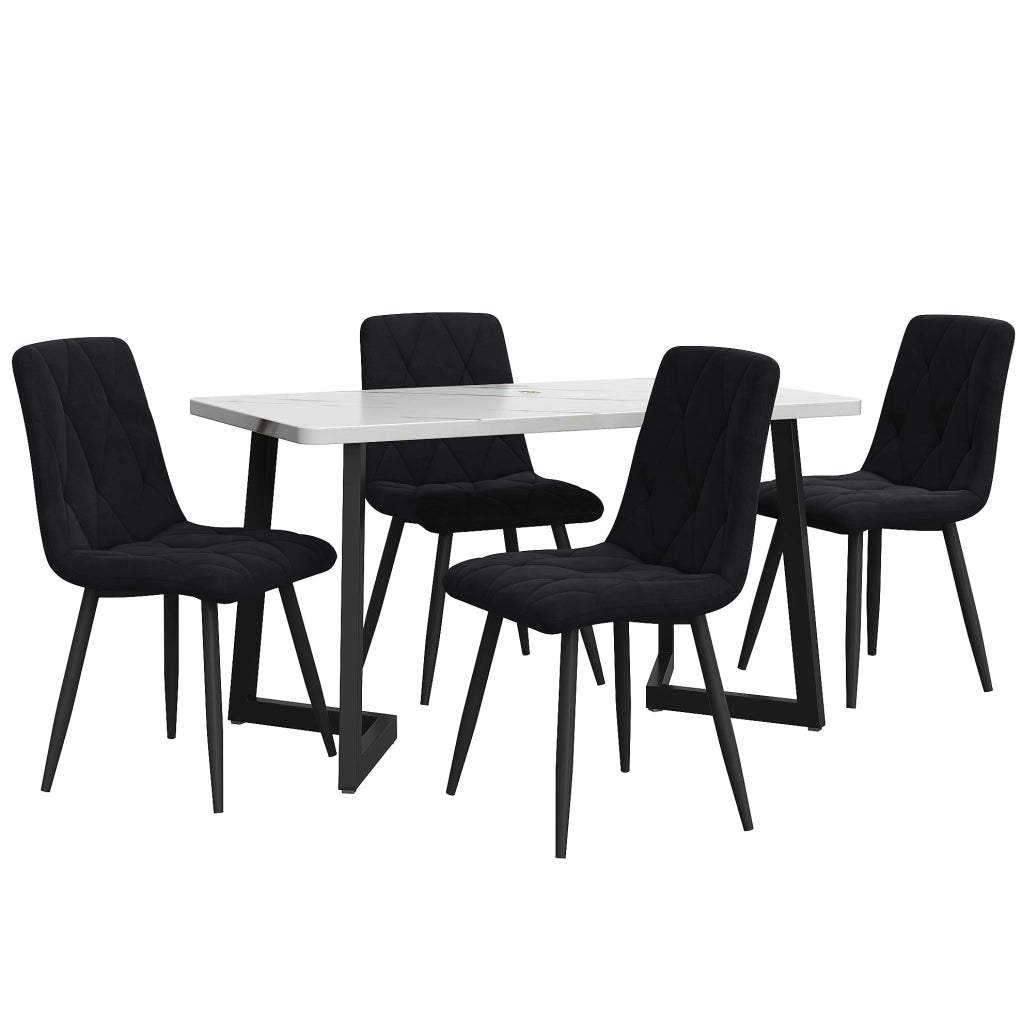 Set tavolo da pranzo rettangolare 117x68 cm con 4 sedie in velluto nero