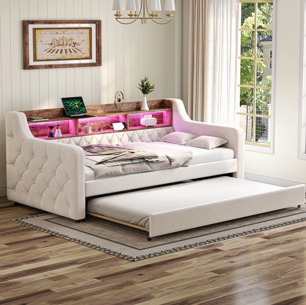 Divano letto estraibile 90x190 cm in velluto beige con LED, USB-C e contenitore